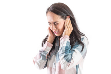 Young woman have tinnitus,noise whistling in her ears.