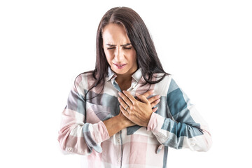 Young woman with hands on chest with heart arrhythmia. - obrazy, fototapety, plakaty
