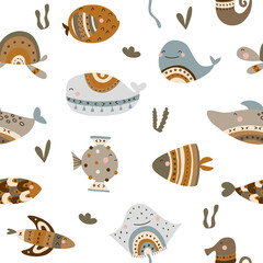 Seamless pattern with cute undersea inhabitants in boho style. Creative childish background. Perfect for kids apparel,fabric, textile, nursery decoration,wrapping paper.Vector Illustration