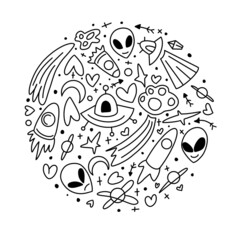 Outer Space Sketch Doodle Set. Space. Set of doodle UFO elements on an isolated background.