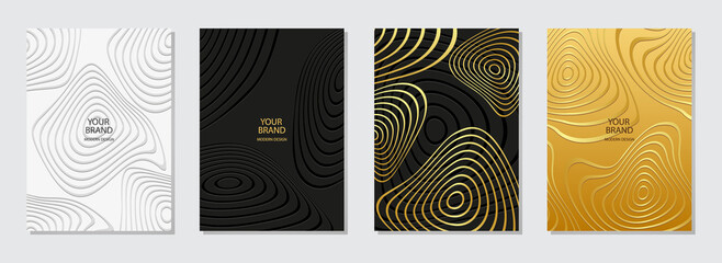 Geometric trendy cover design. Embossed gold 3D pattern of curved contours, lines, stripes, circles. Collection of vertical templates for business background, magazine layout, brochure, booklet