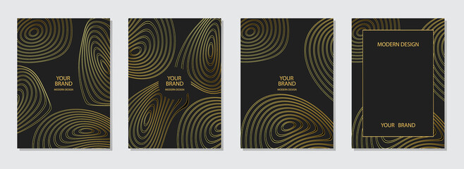 Geometric creative cover design. Embossed gold 3D pattern of curved contours, lines, stripes, circles. Collection of vertical templates for business background, magazine layout, brochure, booklet.