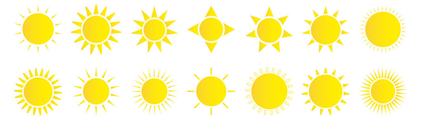 Sun icon set. Weather sun icon. Yellow sun star. Summer elements for design. Vector illustration