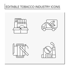  Tobacco industry line icons set. Growth, preparation for sale, shipment, advertisement, and distribution of tobacco-related products. Business concepts. Isolated vector illustrations. Editable stroke