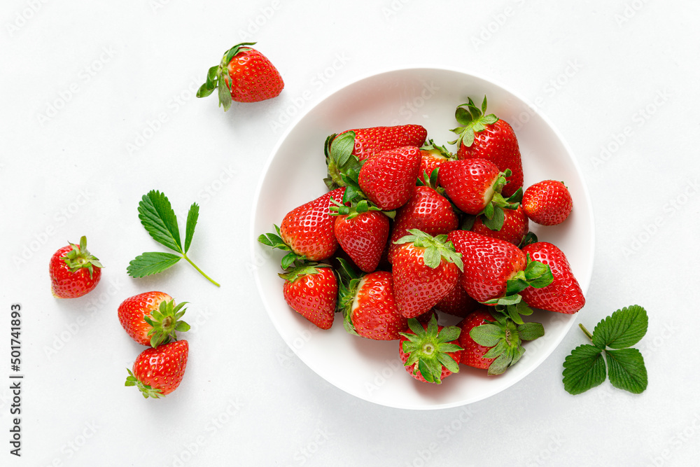 Poster strawberry on white background, top view, flat lay