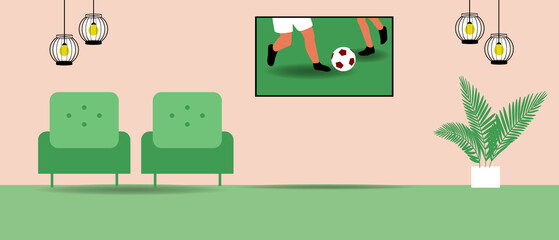 Interior of living room, television broadcast of football championship, flat vector stock illustration from feet of players and ball