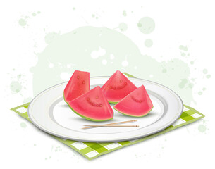 Pink Guava slices in plate with wooden sticks vector illustration