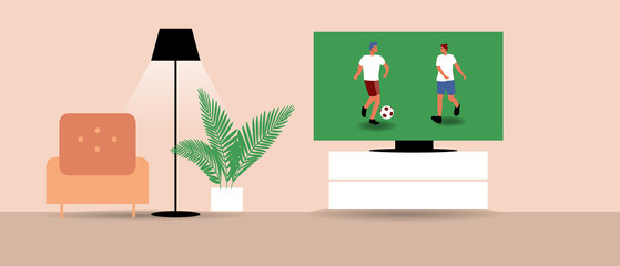 Broadcast of football on TV screen, flat vector stock illustration with interior of living room with armchair, lamp and monitor
