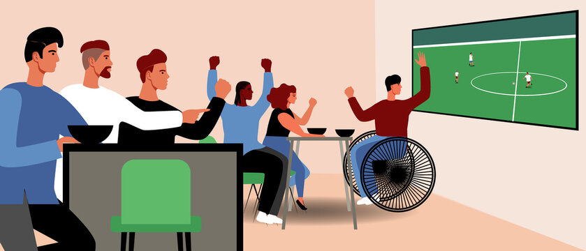 Football fans in bar, flat vector stock illustration with football championship and support group and person in wheelchair