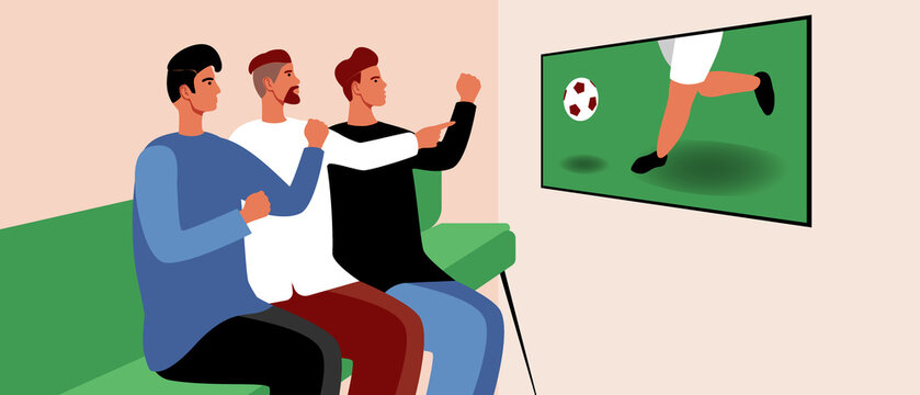 Football fans friends, flat vector stock illustration with football players on TV and group of men as support