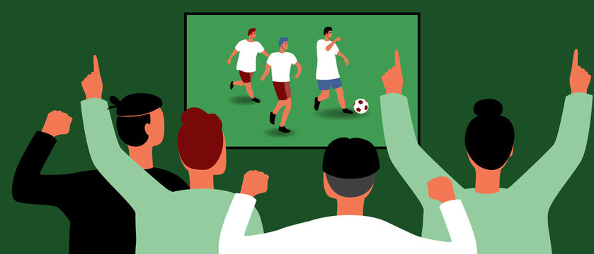 Football fans and emotions, flat vector stock illustration with football championship and back support group