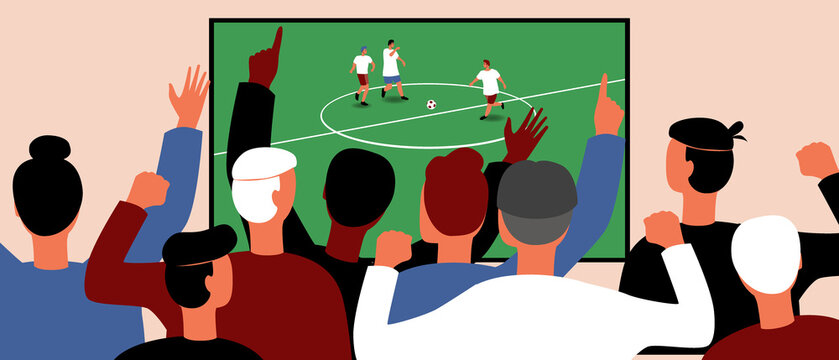 Crowd of football fans, flat vector stock illusion with football players on TV and emotions of viewer