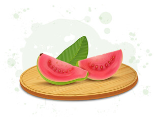 Pink Guava fruit slices vector illustration with guava leaves on a round wooden chopping board