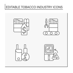 Tobacco industry line icons set. Growth, preparation for sale, shipment, advertisement, and distribution of tobacco-related products. Business concepts. Isolated vector illustrations. Editable stroke