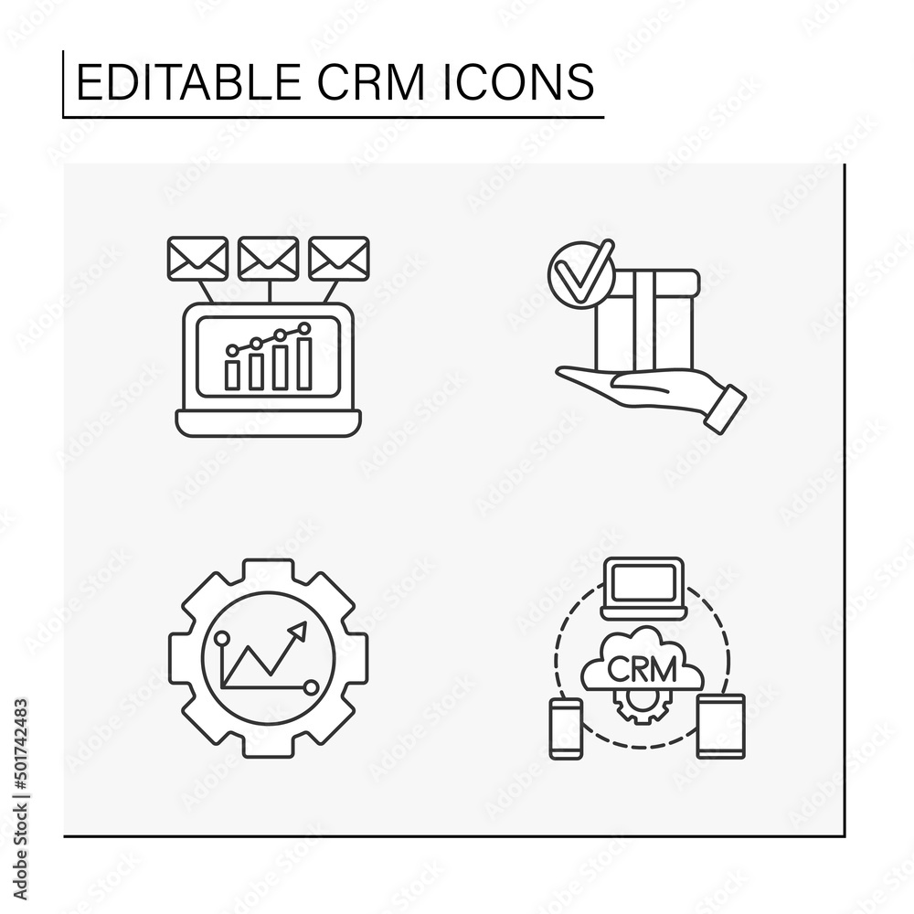 Aufkleber crm line icons set. customer relations management. mailing list, software and researching. business 