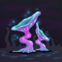 Magic cartoon mushroom. Fantasy alien night plant