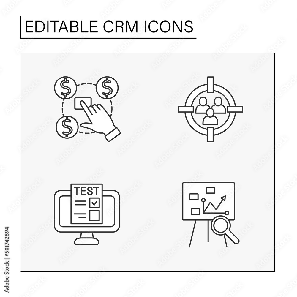 Aufkleber crm line icons set. customer relations management. mailing list, software and researching. business 