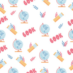 Seamless children's pattern with books, a globe and branches of greenery in gentle colors. Used for printing on paper and fabric.