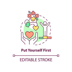 Put yourself first concept icon. Approach to self love abstract idea thin line illustration. Self-esteem development. Isolated outline drawing. Editable stroke. Arial, Myriad Pro-Bold fonts used