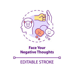 Face negative thoughts concept icon. Self appreciation abstract idea thin line illustration. Overcoming negative thinking. Isolated outline drawing. Editable stroke. Arial, Myriad Pro-Bold fonts used