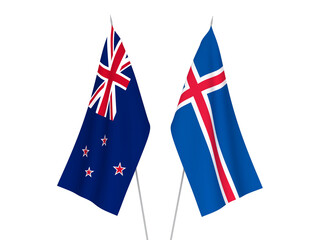 National fabric flags of Iceland and New Zealand isolated on white background. 3d rendering illustration.