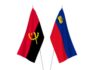 National fabric flags of Angola and Liechtenstein isolated on white background. 3d rendering illustration.