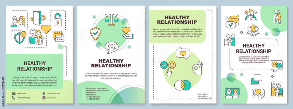 Wall mural Healthy relationship characteristics green brochure template. Leaflet design with linear icons. 4 vector layouts for presentation, annual reports. Arial-Bold, Myriad Pro-Regular fonts used