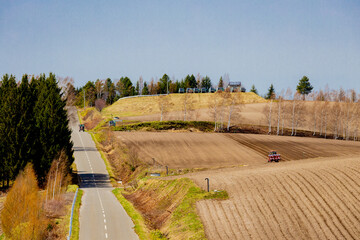 目の前にまっすぐ伸びる北海道の直線道路と左右に広がる牧草畑・針葉樹