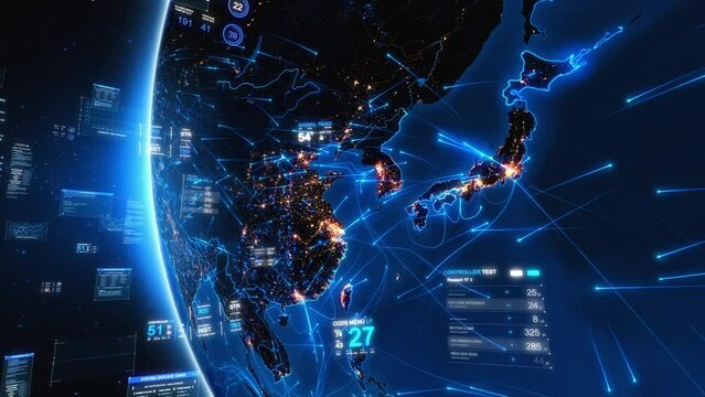 
Bright Connections and Holographic Charts Forming a Network Over Southeast Asia. Japan China. This Video Can Be Use To Represent Concepts Like Futuristic Technology, Social Networks, AR, IOT.