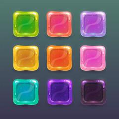 Cartoon slime buttons, square glossy frames set.
