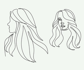 Woman Line Art. Line drawing of girl with long hair. Vector beauty logo for hait halon, spa