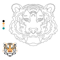 Coloring book for children and adults, cute tiger head with color example.j