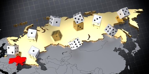 Russia and Ukraine map, dice - 3D illustration