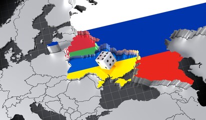 Russia, Belarus and Ukraine map/ flags, dice - 3D illustration