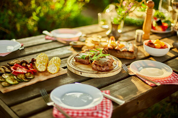 Served with plates dinner table, summer picnic outdoor at home backyard on fresh air, appetizers...