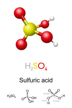 Sulfuric acid, H2SO4, ball-and-stick model, molecular and chemical formula with binding lengths. Known as sulphuric acid, or oil of vitriol in antiquity. Mineral acid and important commodity chemical.