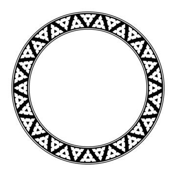 Serrated triangle pattern, circle frame based on traditional Melanesian inlaid patterns. White triangles, arranged alternately, with cut out areas, forming a jagged pattern  bordered by black circles.