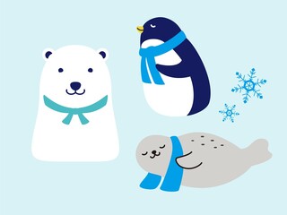 クールタオルを巻くシロクマ・アザラシ・ペンギン（冷感イメージ）