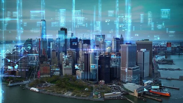 Aerial Futuristic Panoramic Skyline Of New York City with Financial information, Networks,  Charts, Holographic Technology, 5G. Internet of Things Augmented Reality..