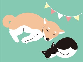 眠るしば犬とねこのイラスト（フラッグの飾り付き）