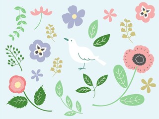 ボタニカルな植物と小鳥のイラスト