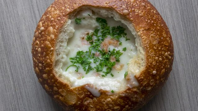 Rotating Clam Chowder in a Bread Bowl