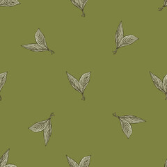 Seamless pattern engraved leaves. Vintage background of tea leaf in hand drawn style.
