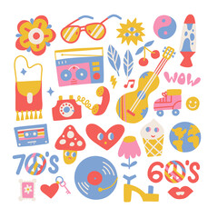 Big set of Hippie retro vintage icons in 60s-70s style. Flat hand drwan vector illustration. Collection of 1970s elements.