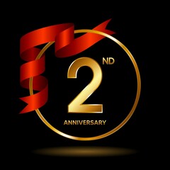 2nd Anniversary logo. Anniversary celebration template design with golden ribbon for booklet, leaflet, magazine, brochure poster, banner, web, invitation or greeting card. Vector illustrations.