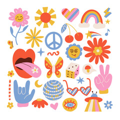 Psychedelic symbols set. Weird abstract funny elements for surreal trip. 70s and 80s trendy signs in acidic bright colors- flowers, piece and heart. Flat hand drawn vector illustration.