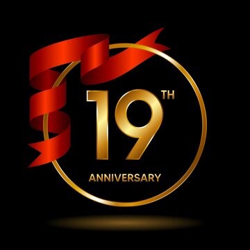 19th Anniversary logo. Anniversary celebration template design with golden ribbon for booklet, leaflet, magazine, brochure poster, banner, web, invitation or greeting card. Vector illustrations.