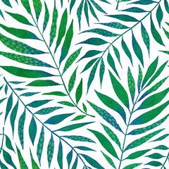 Watercolor tropical leaves pattern. Seamless pattern with green palm leaf on white background.