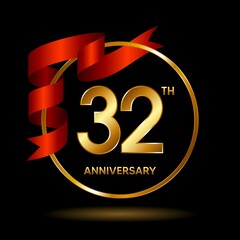 32th Anniversary logo. Anniversary celebration template design with golden ribbon for booklet, leaflet, magazine, brochure poster, banner, web, invitation or greeting card. Vector illustrations.