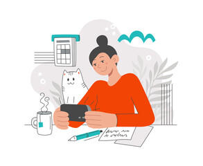 Woman in an online meeting via smartphone. Cat. The concept of online study or business meeting. Vector flat illustration in modern style